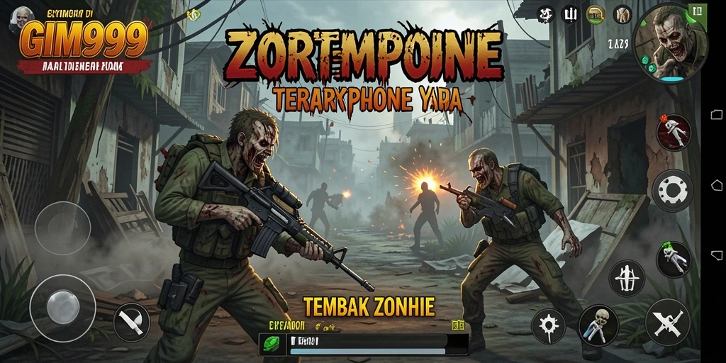 Antarmuka GIM999 menampilkan aksi seru melawan zombie.